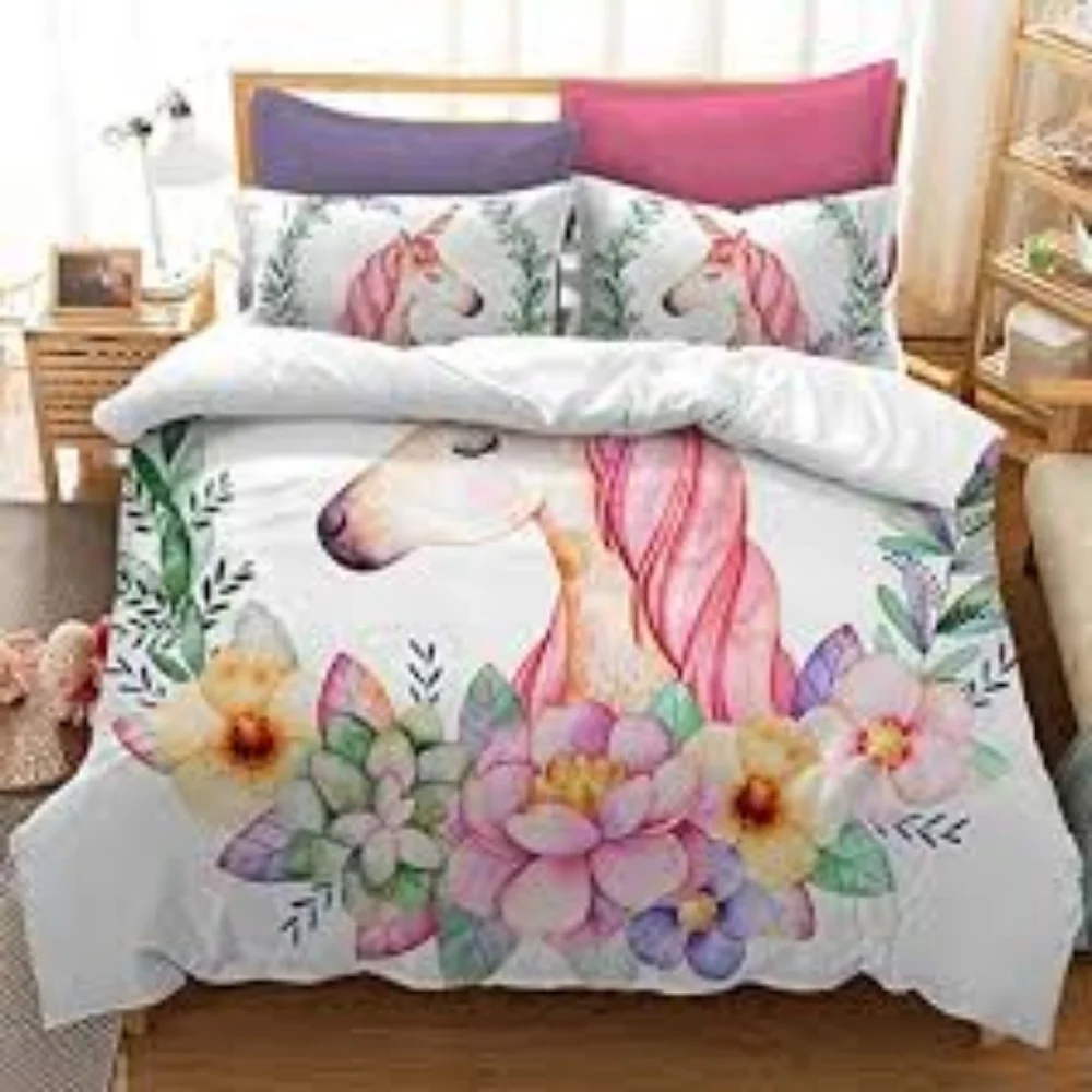ADASMILE Floral Unicorn King Size Duvet Shams Comforter Set